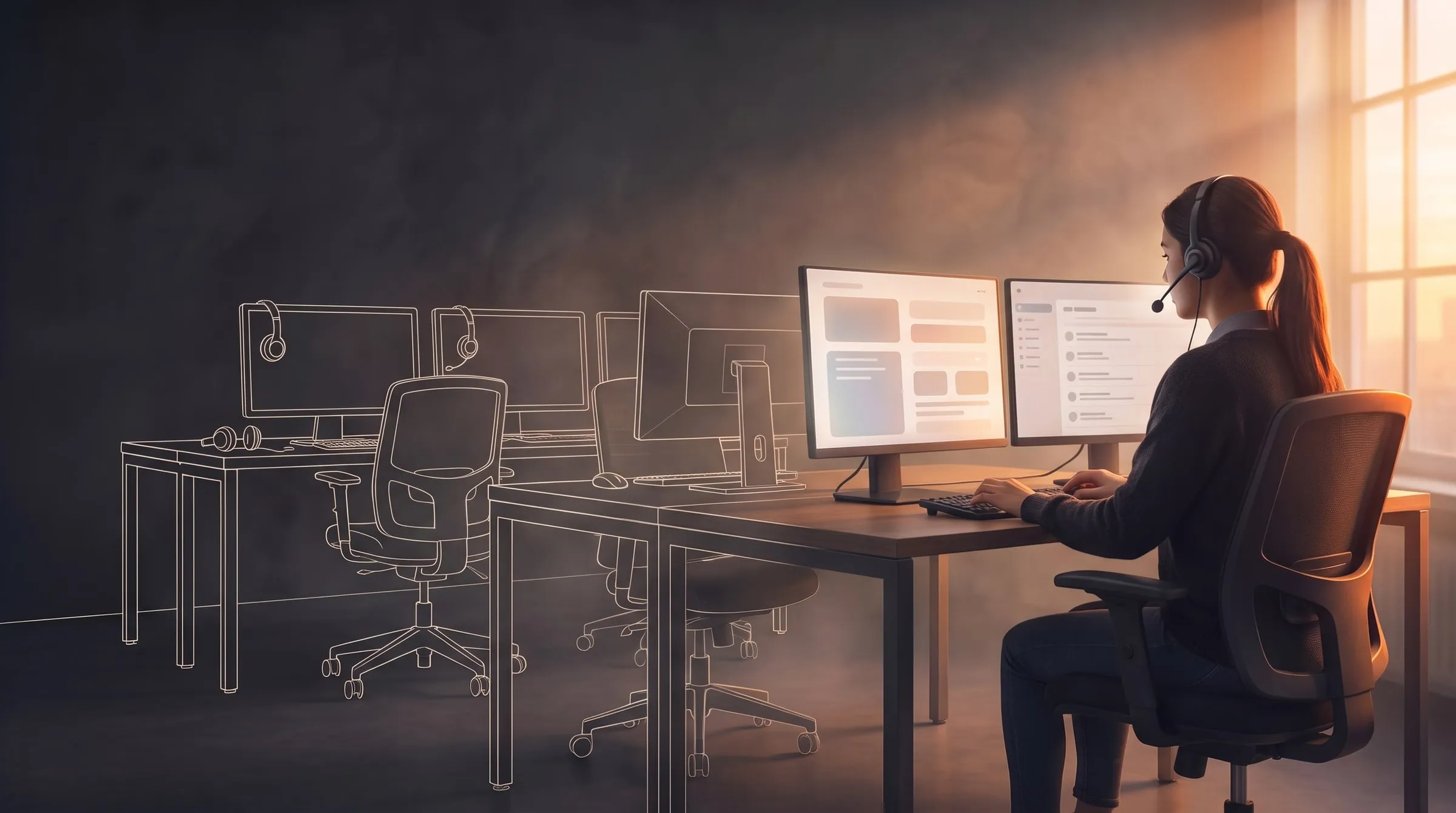 Wizualizacja: rząd biurek działu IT narysowanych jak rysunek techniczny przechodzi w prawdziwe stanowisko, przy którym specjalistka IT Support ze słuchawkami pracuje przy dwóch monitorach